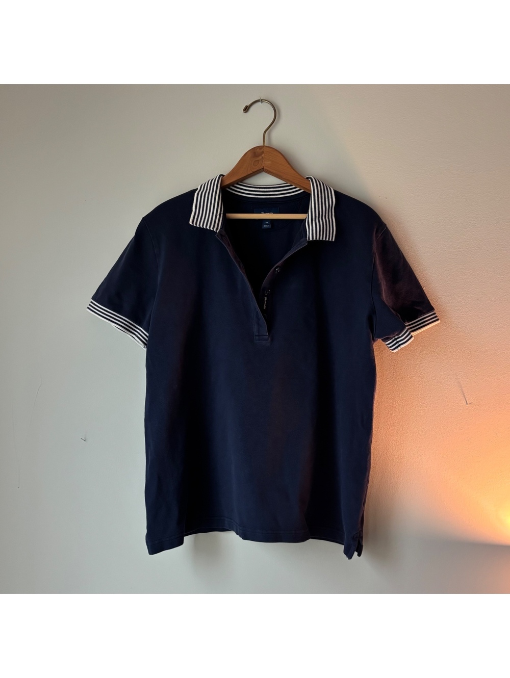 Faconnable Polo Shirt Men's XL Navy Blue Striped Collar Cuffs Pique Cotton